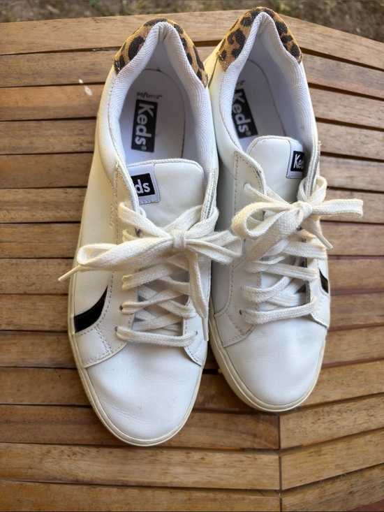 Keds Shoes - Keds White Leather Sneakers with Leopard Heel and Black Side Accent